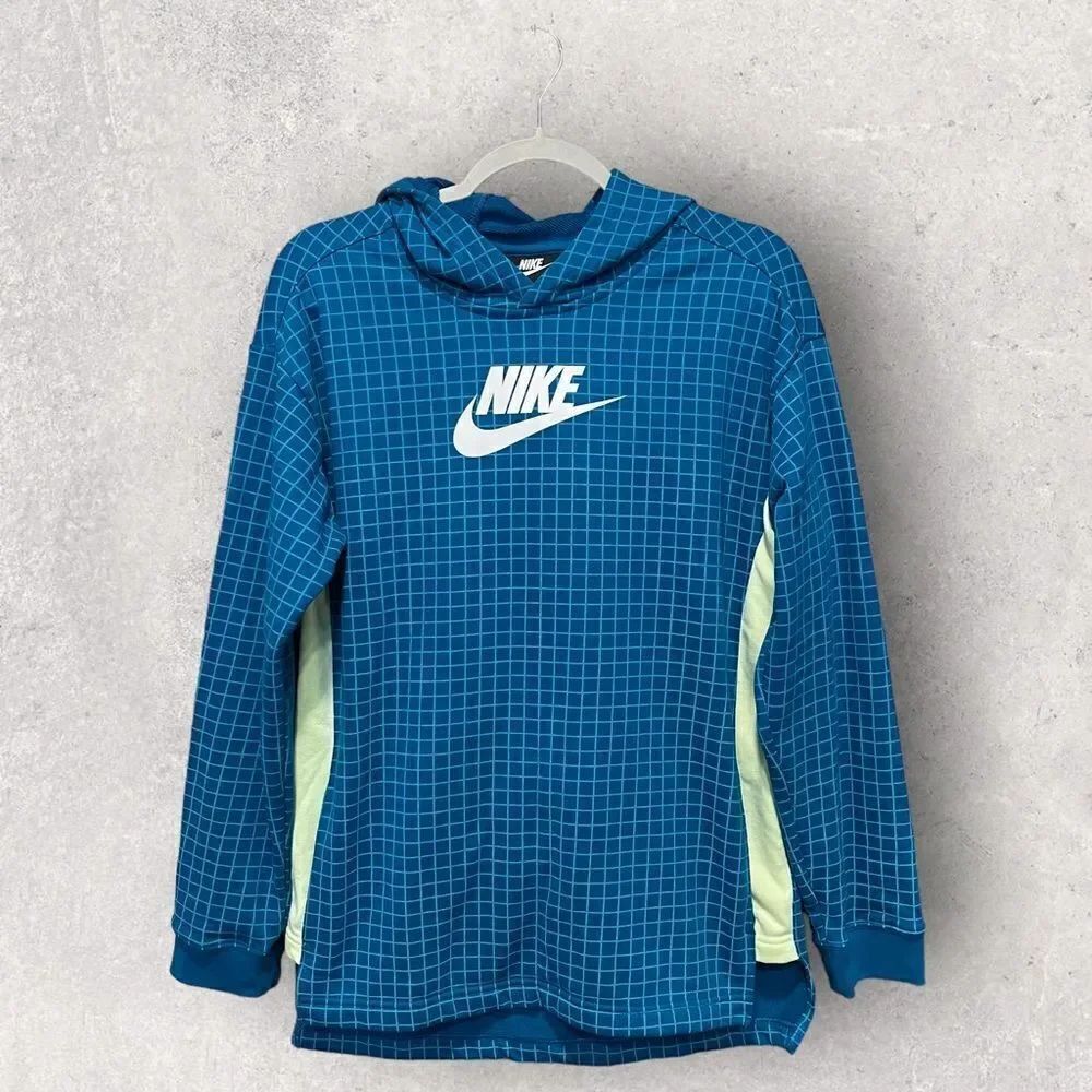 Nike Hoodie Teal Blue Green Grid Windowpane Pattern Kangaroo Pocket, Youth XL